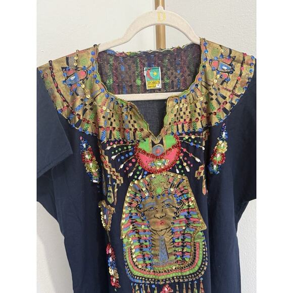 Horus Vintage Egyptian kaftan Robe, Black/ Gold Nefertiti/ Tutankhamun Design 4 - Picture 5 of 10